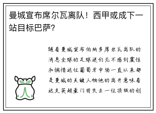 曼城宣布席尔瓦离队！西甲或成下一站目标巴萨？